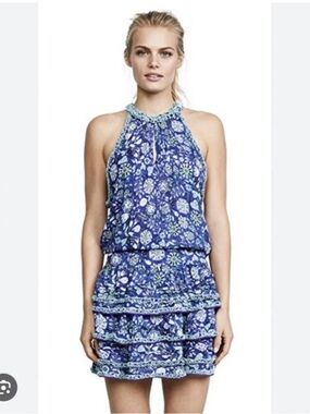 Poupette St. Barth Blue Floral Halter Mini Dress with Aqua Trim XS